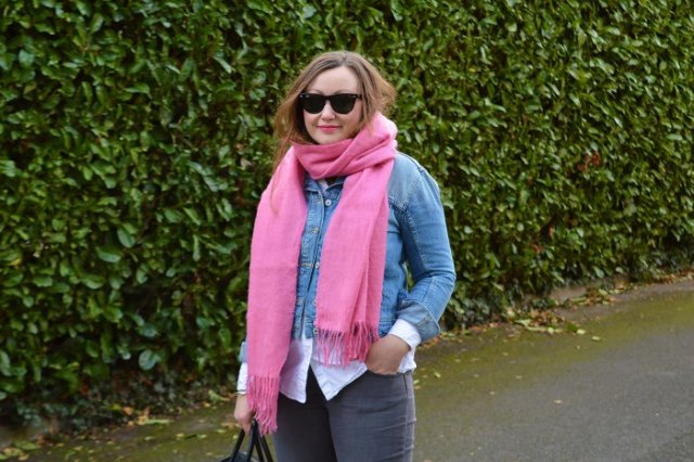 blue jean jacket with white shirt and shocking pink scarf