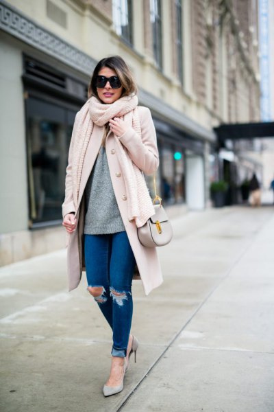 white longline wool coat with blue ribbed skinny jeans with cuffs