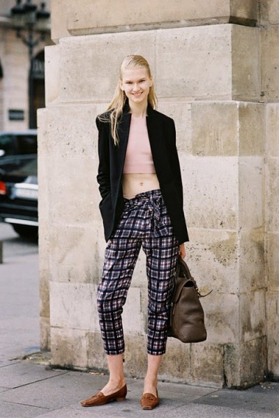 black longline blazer with checked relaxed fit cropped pants