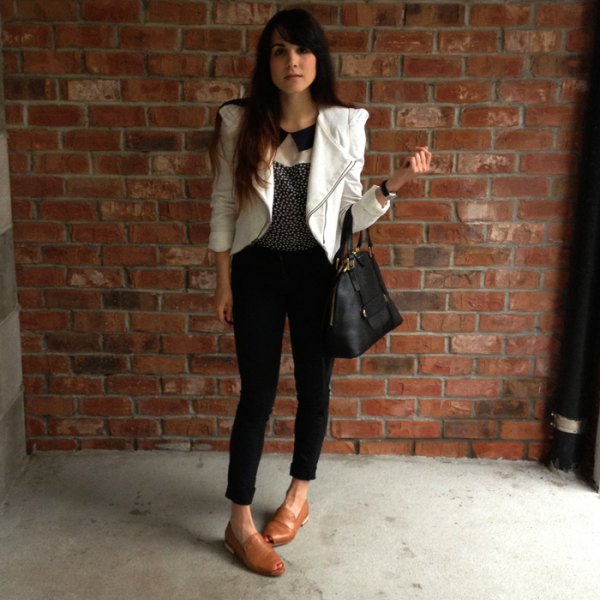white leather blazer jacket with brown leather low shoes