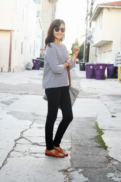 black and white striped long sleeve t-shirt with brown slippers