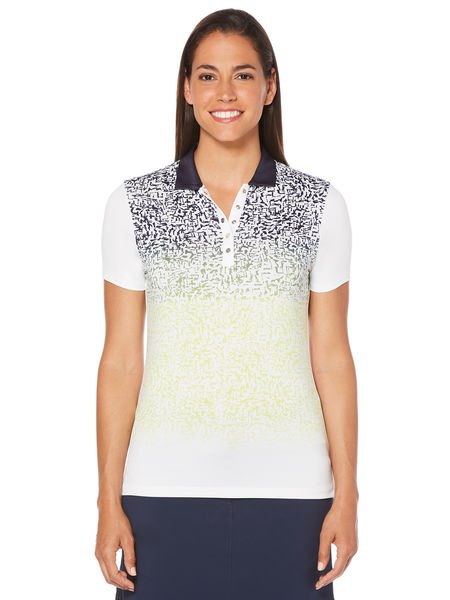 white black and yellow multicolored polo shirt with black mini skirt