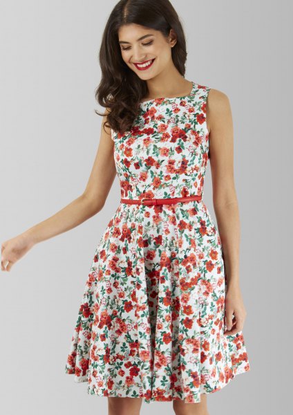 White and Red Floral Belted Skater Dress