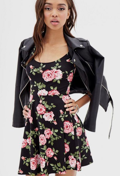 black leather jacket with floral pattern