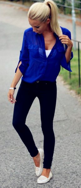 Royal blue oversized shirt black skinny jeans