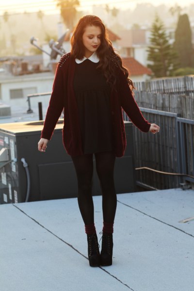 black collared dress and burgundy cardigan