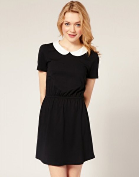 rounded black mini smock dress with white collar