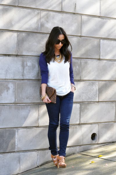 Navy Baseball Tee Jeans Statement Necklace