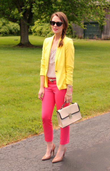 yellow blazer with pink ankle jeans