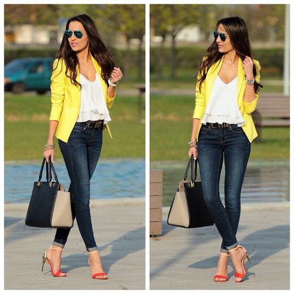 white ruffled v-neck top and yellow jacket