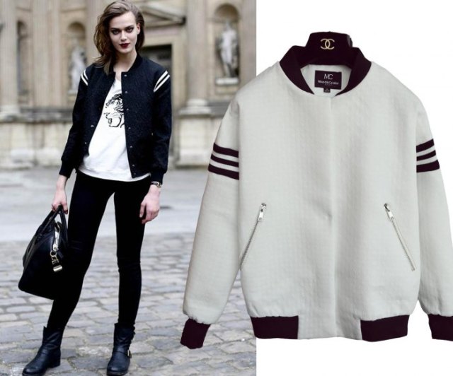 black and white striped baseball jacket with printed t-shirt