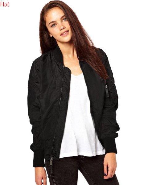 black semi-gloss sports jacket with white scoop neck t-shirt