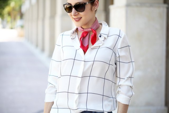 white and black plaid shirt with red mini silk summer scarf