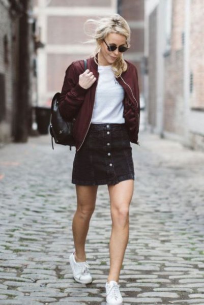 black bomber jacket with matching skirt front with button