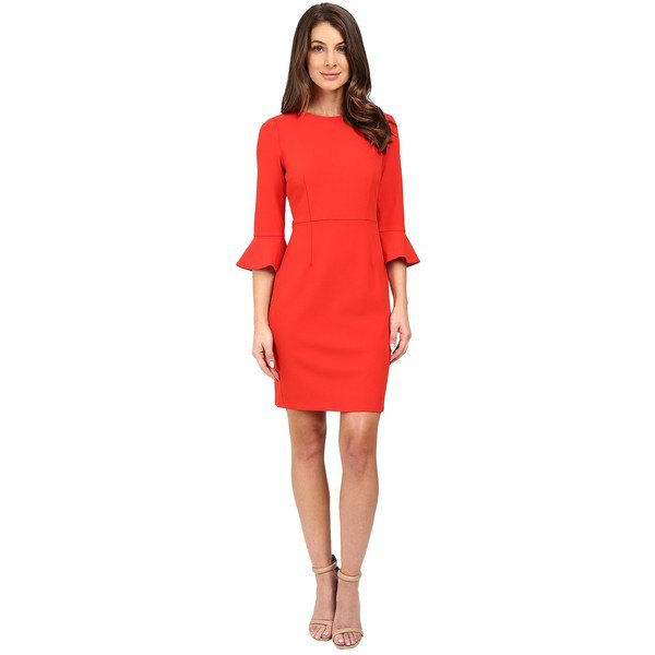 red sheath dress with three-quarter bell sleeves