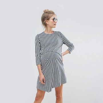 black and white vertical striped shirt dress