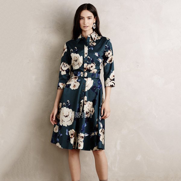dark blue and white shirt dress with floral belt