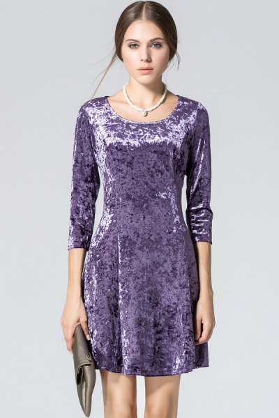 purple velvet three quarter sleeve mini dress