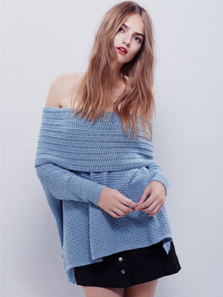 blue strapless knit sweater with batwing sleeves