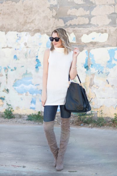 white sleeveless sweater, gray over-the-knee suede boots