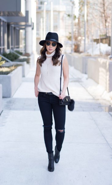 white sweater black felt hat outfit