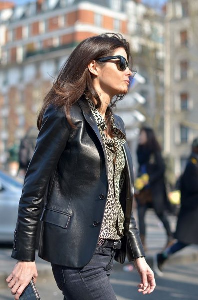 Leather blazer with leopard print blouse