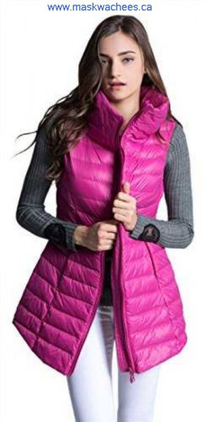 Pink long down vest with gray ribbed bodycon sweater