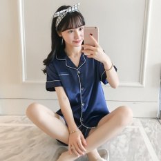 Navy shorts with matching pajama shirt with button closure