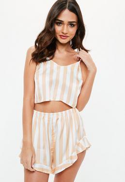 Light pink and white vertical striped floaty silk pajama shorts with matching crop top