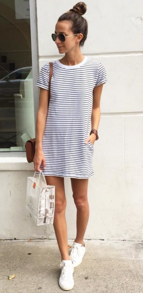 horizontally striped t-shirt dress white canvas shoes
