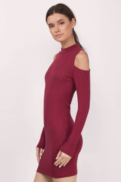 burgundy mini dress with cold shoulder separation