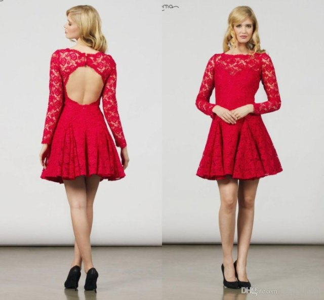 Red long sleeve pleated skater dress with red lace neckline