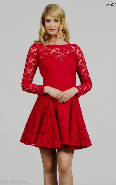red lace dress and flared long sleeve dress