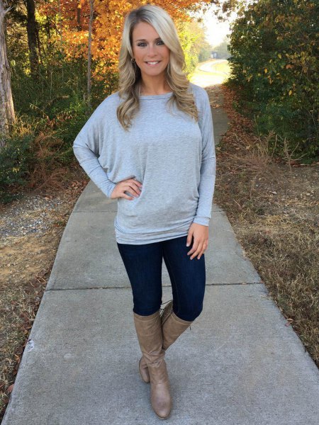 gray sweater with dolman sleeves and boat neck