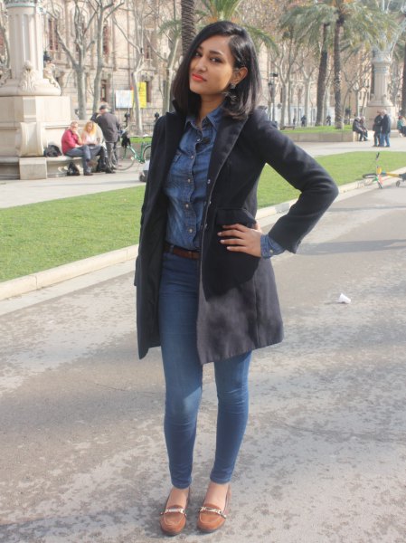 black longline blazer coat with chambray shirt and suede slippers