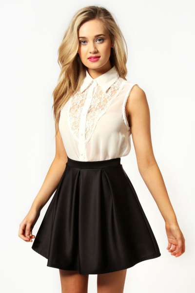 white lace sleeveless shirt, black silk skater skirt