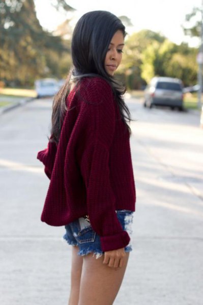 Burgundy oversized knit sweater ripped jean shorts