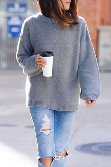 gray wool sweater ripped jeans