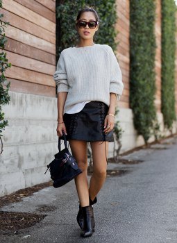 white ribbed chunky sweater, black leather skirt with lace