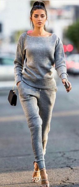 two-piece set with a gray sweater matching jogging pants