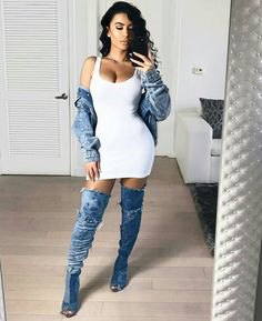 Bodycon mini dress with a white scoop neckline, denim jacket and open toe boots