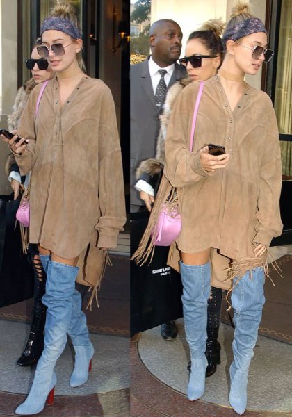 Camel suede coat dress with denim boots