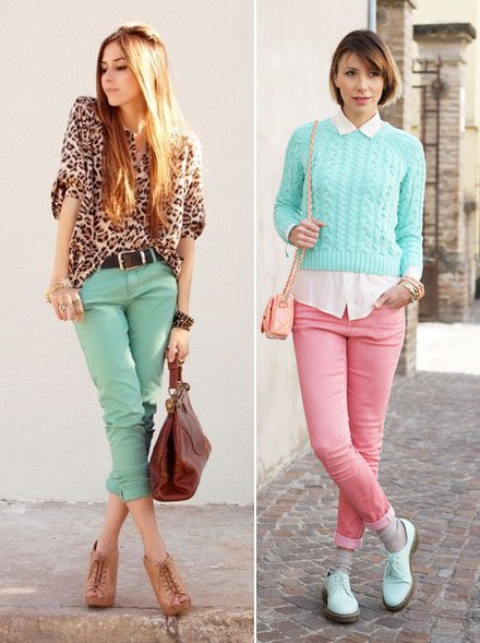 sky blue cropped sweater with white shirt and pink jeans