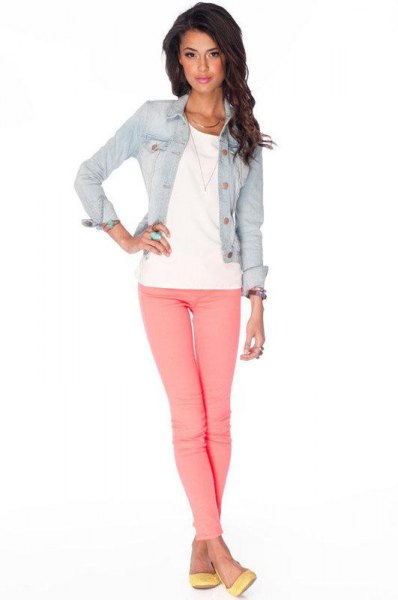 blue denim jacket with pink jeans