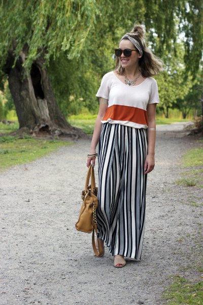 white and red color block with striped wide leg pants