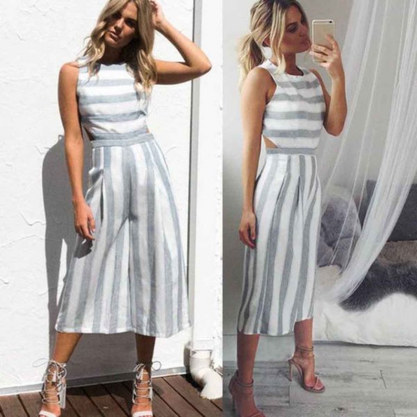 gray and white striped sleeveless top with matching wide leg cropped trousers