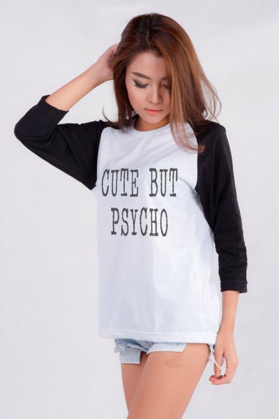graphic black and white long sleeve t-shirt with light blue denim shorts