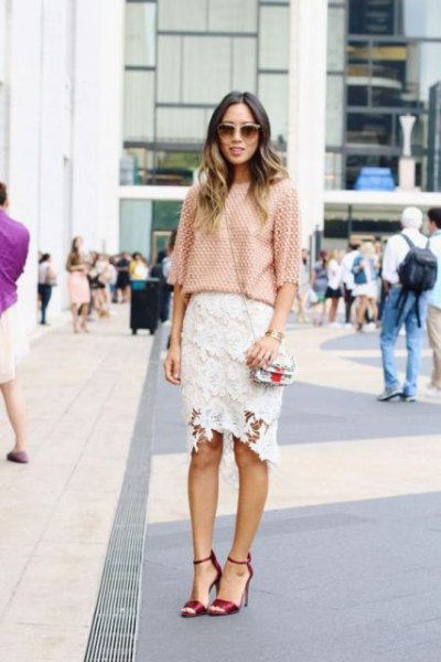 Crochet blouse with half sleeves and white lace midi skirt