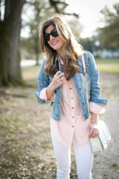 Blush pink button down blouse and blue denim jacket