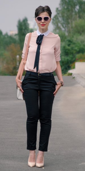 light pink round white collared blouse with black, cropped chinos